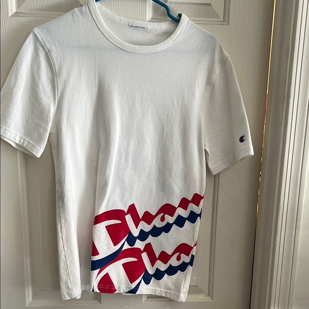 Champion White T-Shirt with Red and Blue Logo